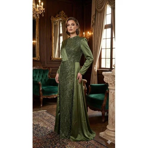 Mihir Istanbul – Suknia Maxi Oliwkowa Satyna Brokat R. 50 (Wypada 44/46) - zdjęcie 9