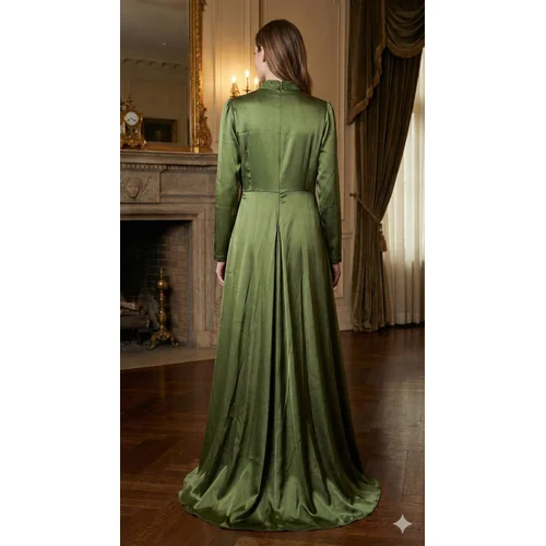 Mihir Istanbul – Suknia Maxi Oliwkowa Satyna Brokat R. 50 (Wypada 44/46) - zdjęcie 10