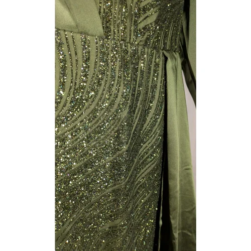 Mihir Istanbul – Suknia Maxi Oliwkowa Satyna Brokat R. 50 (Wypada 44/46) - zdjęcie 6