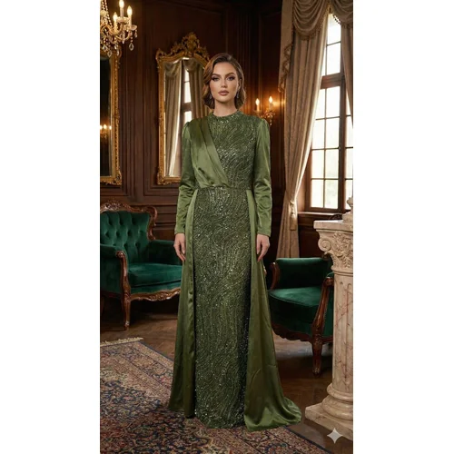 Mihir Istanbul – Suknia Maxi Oliwkowa Satyna Brokat R. 50 (Wypada 44/46) - zdjęcie 8