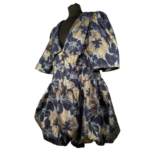 ASOS Luxe – Granatowo-Złota Sukienka Mini Bombka w Kwiaty – 48 - zdjęcie 6