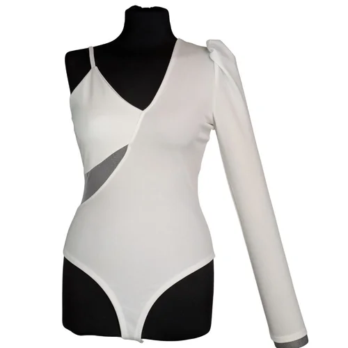 Białe Asymetryczne Body z Bufką i Siateczką Alaçatı Stili R. 36 - zdjęcie 6