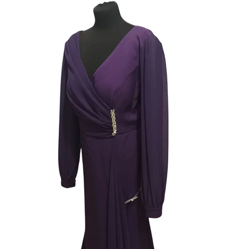 Wieczorowa Suknia Maxi z Szyfonowymi Rękawami Carmen Śliwkowa 44 - zdjęcie 2