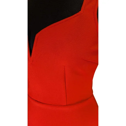 Czerwona Sukienka Ołówkowa Midi V-notch – Rozmiar S - zdjęcie 2