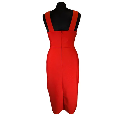 Czerwona Sukienka Ołówkowa Midi V-notch – Rozmiar S - zdjęcie 3