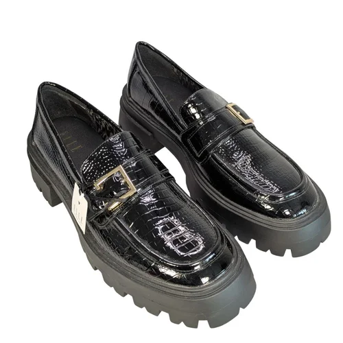 ELLE Mokasyny Damskie Lakierowane Czarne Platforma Złota Klamra 40 - zdjęcie 2