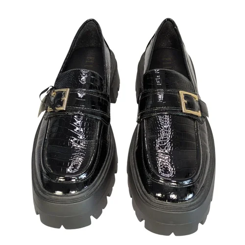 ELLE Mokasyny Damskie Lakierowane Czarne Platforma Złota Klamra 40 - zdjęcie 3