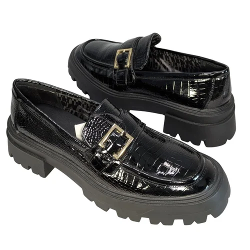 ELLE Mokasyny Damskie Lakierowane Czarne Platforma Złota Klamra 40 - zdjęcie 4