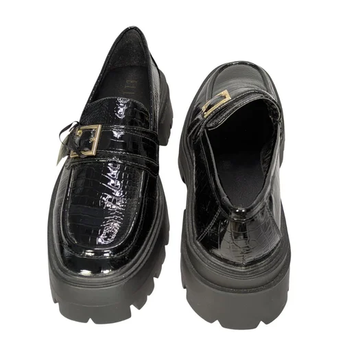 ELLE Mokasyny Damskie Lakierowane Czarne Platforma Złota Klamra 40 - zdjęcie 5