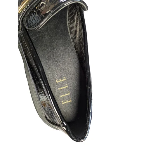 ELLE Mokasyny Damskie Lakierowane Czarne Platforma Złota Klamra 40 - zdjęcie 6