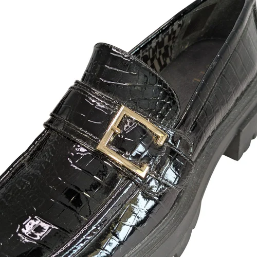 ELLE Mokasyny Damskie Lakierowane Czarne Platforma Złota Klamra 40 - zdjęcie 7