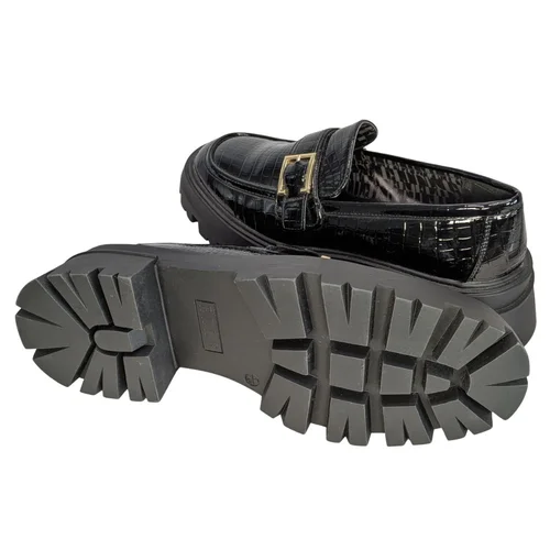 ELLE Mokasyny Damskie Lakierowane Czarne Platforma Złota Klamra 40 - zdjęcie 8