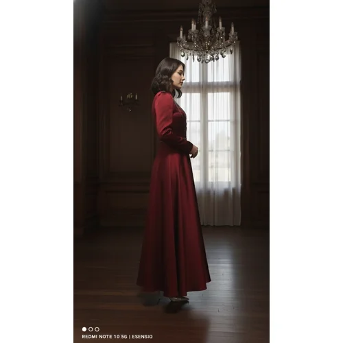 Mihir Istanbul – Bordowa Satynowa Suknia Maxi z Koralikami R. 40 - zdjęcie 9