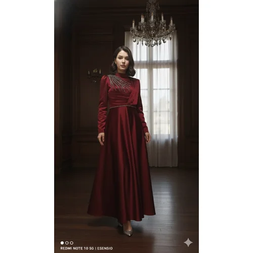 Mihir Istanbul – Bordowa Satynowa Suknia Maxi z Koralikami R. 40 - zdjęcie 10