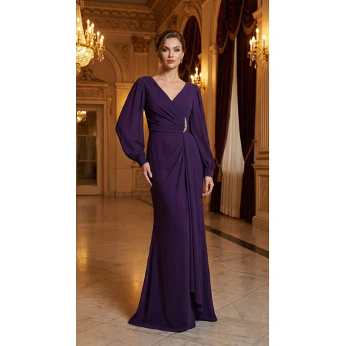 CARMEN – Śliwkowa Suknia Maxi Royal Plum z Klamrą R. 44 (XXL) - zdjęcie 9