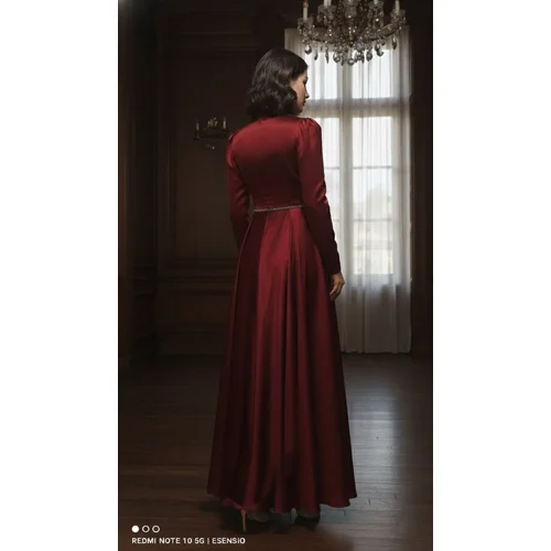 Mihir Istanbul – Bordowa Satynowa Suknia Maxi z Koralikami R. 40 - zdjęcie 11