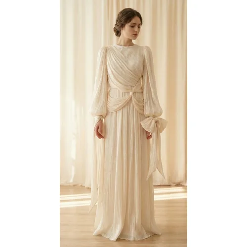 Mihir Istanbul – Szampańska Suknia Maxi z Gniecionej Tkaniny -Rozmiar 44 - zdjęcie 10