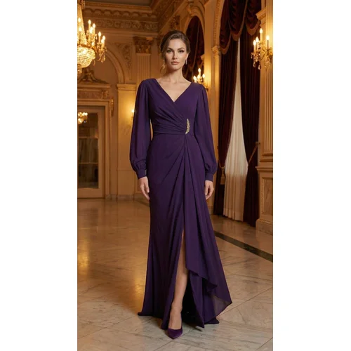 CARMEN – Śliwkowa Suknia Maxi Royal Plum z Klamrą R. 44 (XXL) - zdjęcie 10