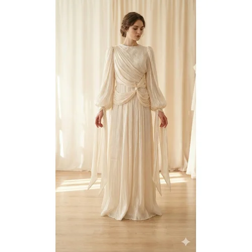 Mihir Istanbul – Szampańska Suknia Maxi z Gniecionej Tkaniny -Rozmiar 44 - zdjęcie 12