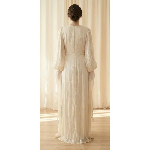 Mihir Istanbul – Szampańska Suknia Maxi z Gniecionej Tkaniny -Rozmiar 44 - zdjęcie 13