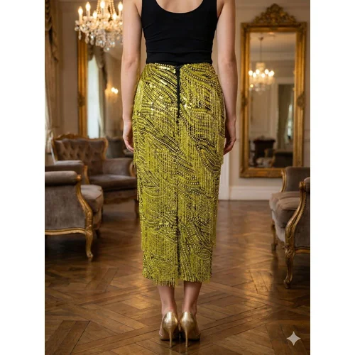 ASOS EDITION Spódnica Midi z Cekinami i Frędzlami Limonkowa 36 (S) - zdjęcie 10