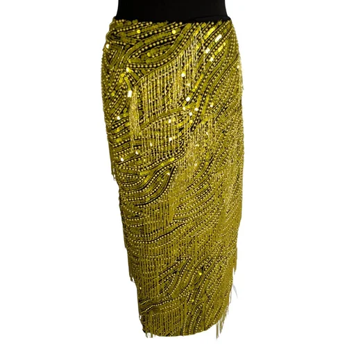 ASOS EDITION Spódnica Midi z Cekinami i Frędzlami Limonkowa 36 (S) - zdjęcie 3