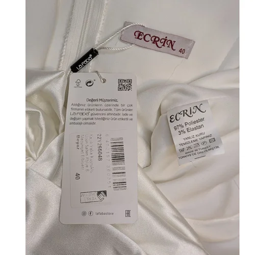 Satynowa Suknia Ecru ECRIN Bufki Drapowanie 40 - zdjęcie 2