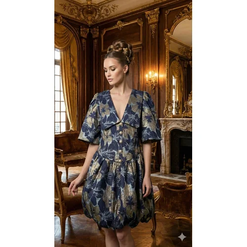 ASOS LUXE – Sukienka Żakardowa Bombka Granat Złoto R. 48 - zdjęcie 10