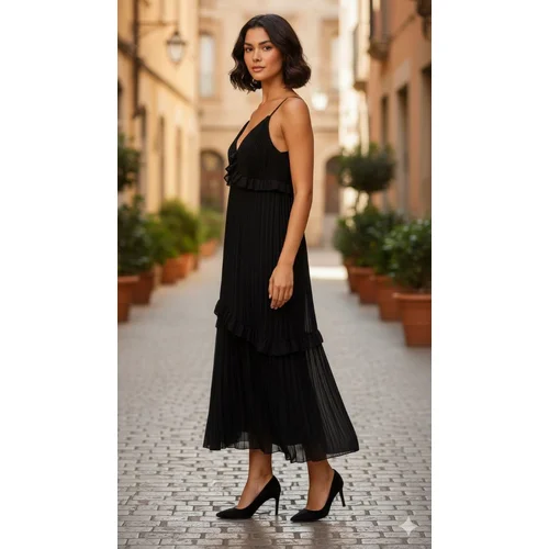 boohoo Plus – Czarna Plisowana Sukienka Midi z Falbanami 54 - zdjęcie 10