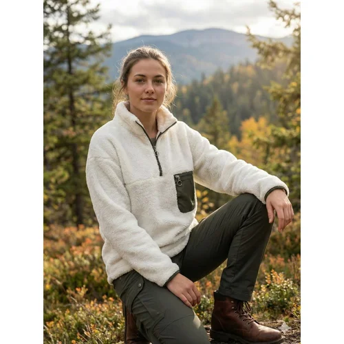 Trendyol – Damska Bluza Teddy Ecru z Oliwkową Kieszenią 40 - zdjęcie 10