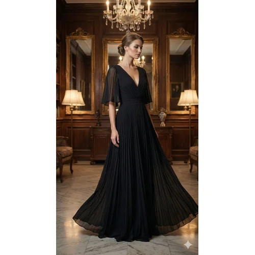 boohoo – Czarna Plisowana Suknia Maxi Angel Sleeve 44 - zdjęcie 10