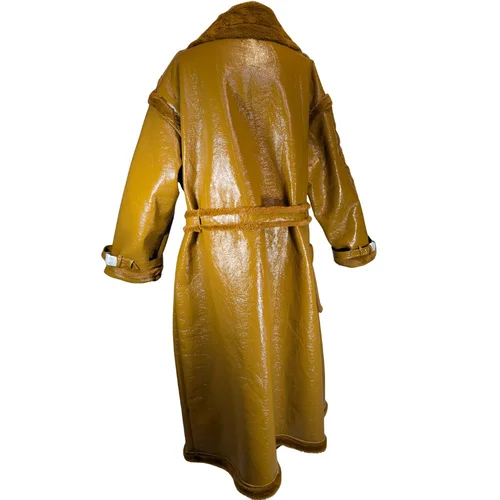 Płaszcz Midi Z Winylowej Ekoskóry Z Futerkiem PrettyLittleThing Camel 52 - zdjęcie 9