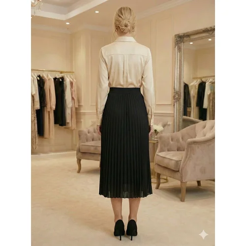 Premium Collection – Satynowa Spódnica Plisowana Midi Black S - zdjęcie 9