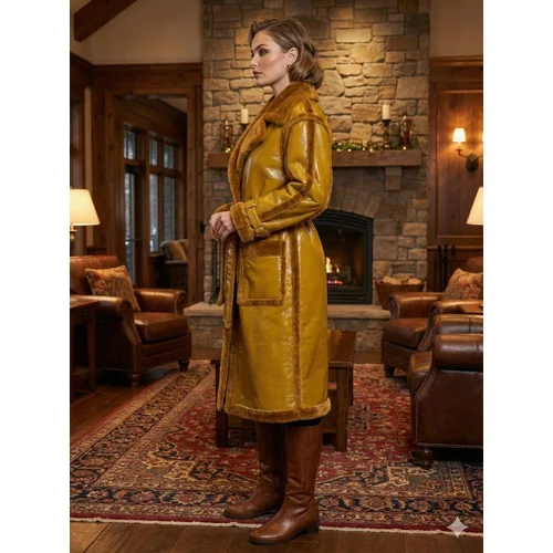 PrettyLittleThing Plus – Musztardowy Płaszcz Winylowy z Futrem 52 (6XL) - zdjęcie 11