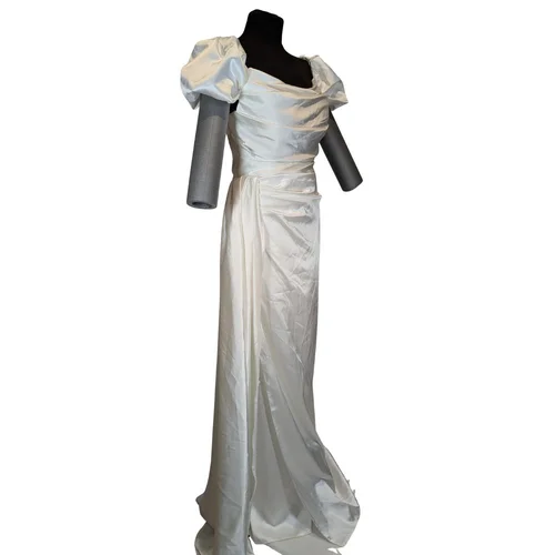 Satynowa Suknia Ecru ECRIN Bufki Drapowanie 40 - zdjęcie 3