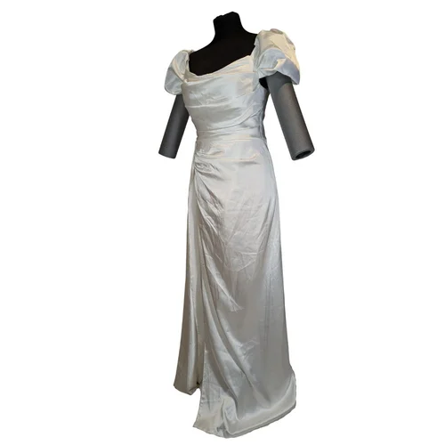 Satynowa Suknia Ecru ECRIN Bufki Drapowanie 40 - zdjęcie 4