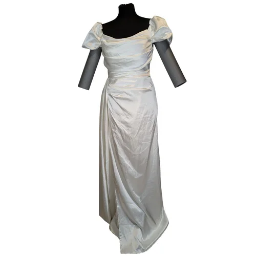 Satynowa Suknia Ecru ECRIN Bufki Drapowanie 40 - zdjęcie 7