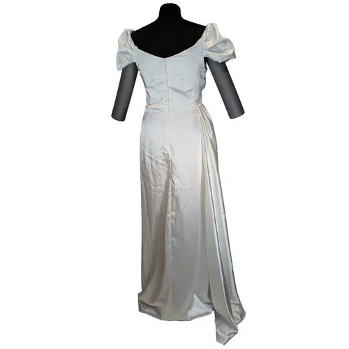 Satynowa Suknia Ecru ECRIN Bufki Drapowanie 40 - zdjęcie 8