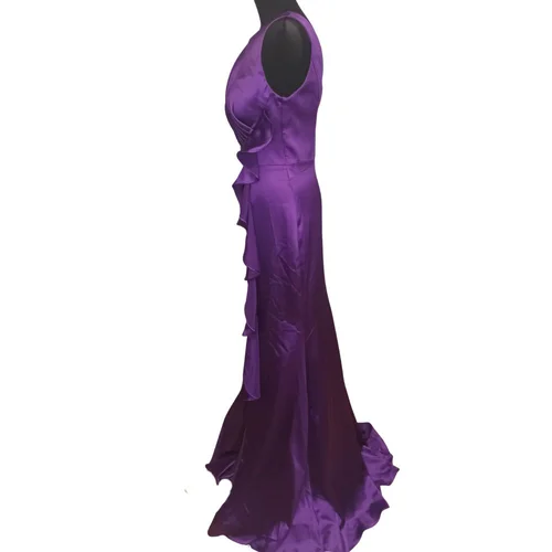 Satynowa Suknia Wieczorowa Maxi z Falbaną Saygi Fioletowa 42 - zdjęcie 2