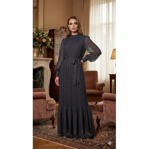 Elegancka Sukienka Maxi Enderon Grafitowa Plisowana – Rozmiar 40 (L) - zdjęcie 10