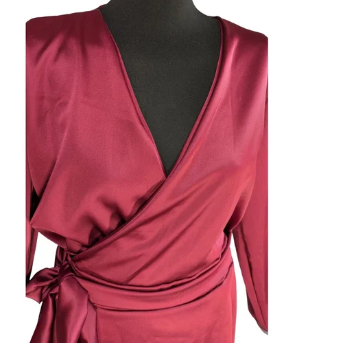 Bordowa Sukienka Kopertowa PAKUTEN L/XL (16) Marszczenia - zdjęcie 10