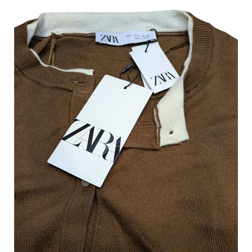 Brązowy Sweter Rozpinany ZARA z Białym Wykończeniem L - zdjęcie 8