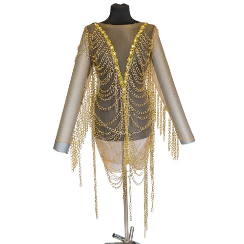 Transparentna Sukienka Mesh z Ciężkimi Złotymi Łańcuchami - zdjęcie 12