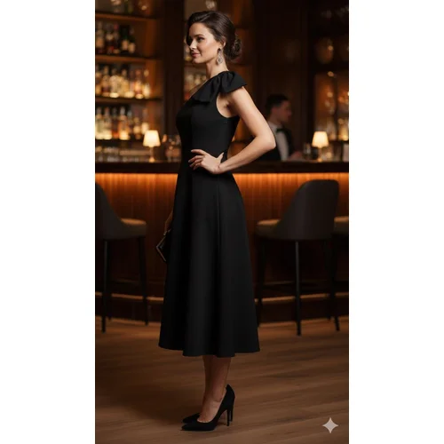 Trendyol – Czarna Sukienka Midi One Shoulder z Kokardą 42 - zdjęcie 8