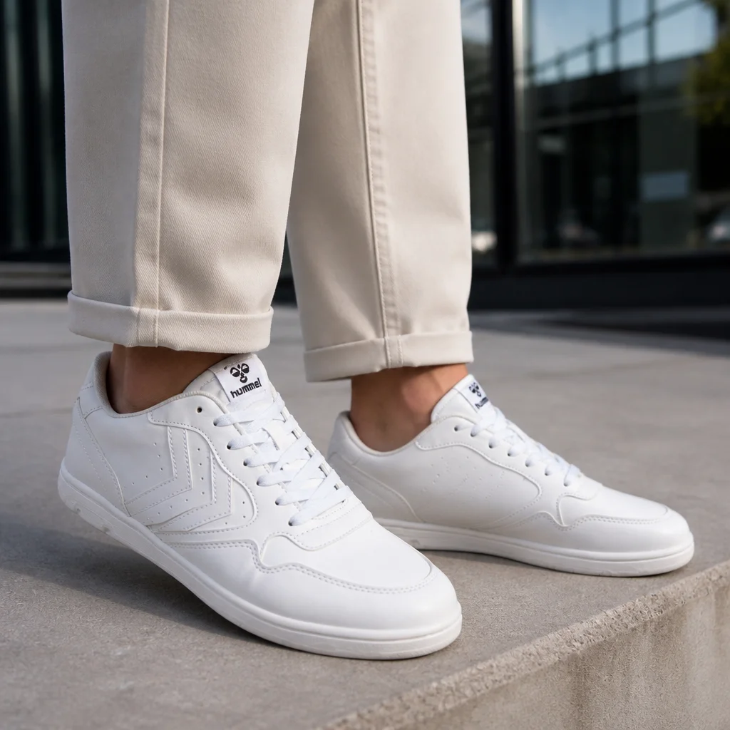 Białe trampki sneakersy hummel HML Camden, fason unisex w stylu retro court, to uniwersalne buty na codzienne, miejskie i sportowe wyjścia