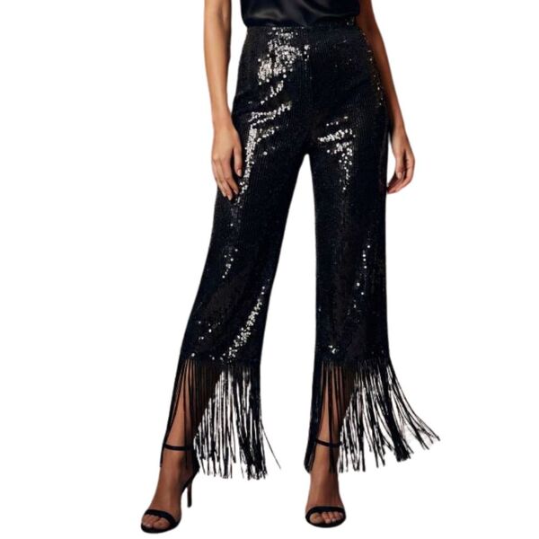 River Island Plus – Spodnie Cekiny i Frędzle Czarne R. 50