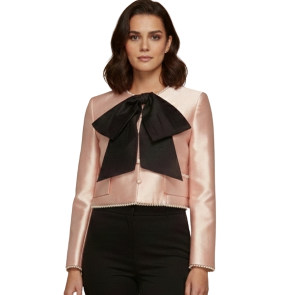 ASOS LUXE – Różowy Żakiet Crop Satin Bow z Perłami R. 36