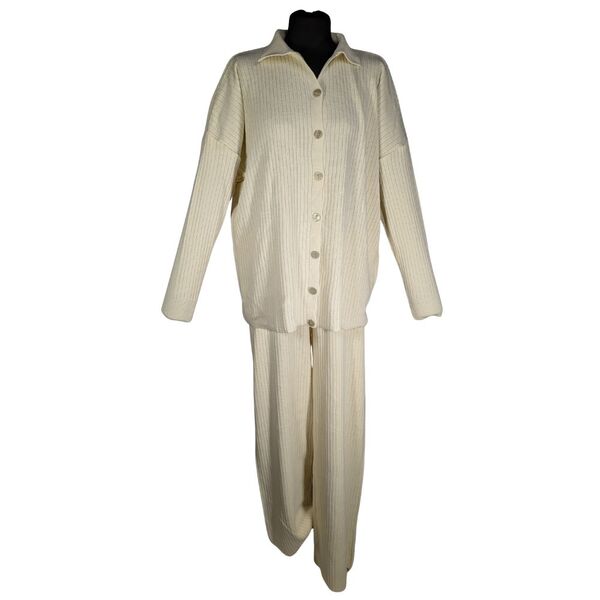 Alaçatı Stili Dzianinowy Komplet Kremowy (Bluza + Spodnie)