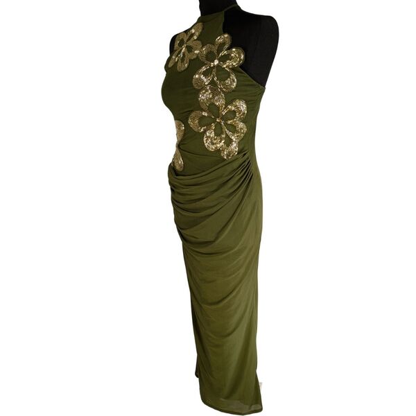 ASOS DESIGN Sukienka Wieczorowa Maxi Złote Haftowane Kwiaty Oliwa Khaki Rozmiar XS 34 - zdjęcie 2
