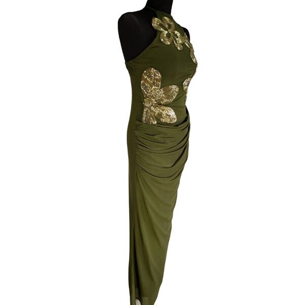 ASOS DESIGN Sukienka Wieczorowa Maxi Złote Haftowane Kwiaty Oliwa Khaki Rozmiar XS 34 - zdjęcie 3
